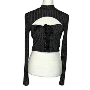 TOPSHOP Black Shimmer Front Cutout Sexy Lace Up Corset Long Sleeve‎ Top 10 Large